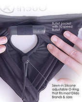 Shots Ouch Vibrating Strap On Panty Harness w/Open Back - Black M/L - Empower Pleasure