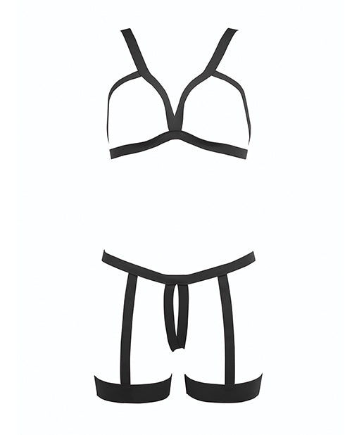 Kitten Teaser Strappy Open Cup Bra & Open Panty w/Leg Straps Black O/S - Empower Pleasure
