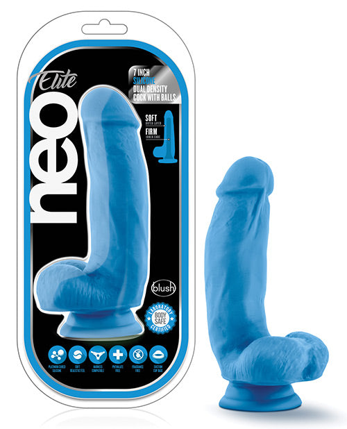 Blush Neo Elite 7" Silicone Dual Density Cock w/ Balls - Neon Blue