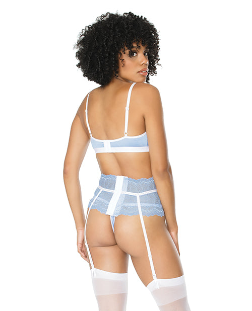 Scallop Stretch Lace Bra, Garter Belt & G-String Light Blue/White S/M - Empower Pleasure