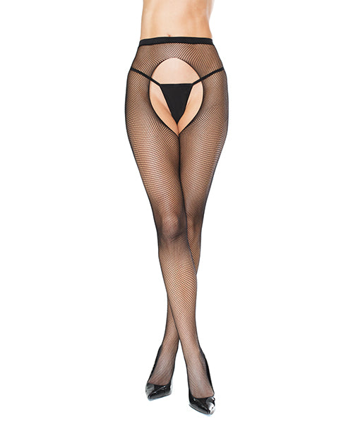 Fishnet Natural Waist Crotchless Pantyhose - Black