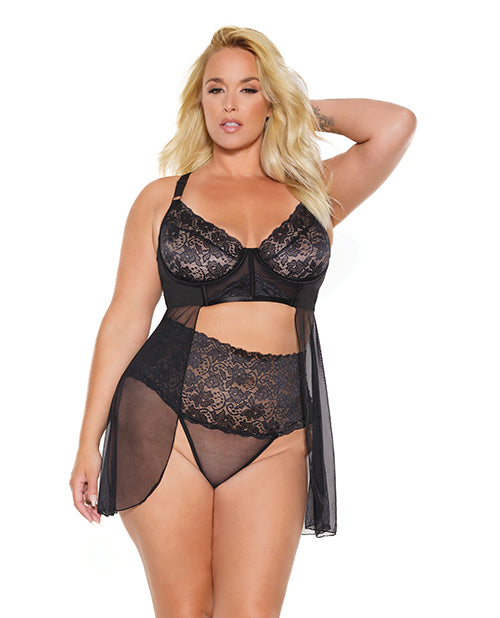 Scallop Stretch Lace & Sheer Mesh Babydoll & High Waist Thong Black 1X/2X - Empower Pleasure