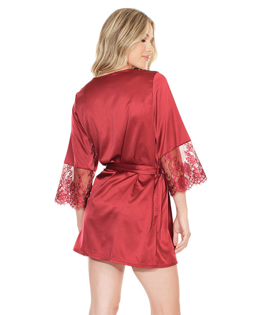 Stretch Satin Robe w/Eyelash Lace Sleeve Merlot