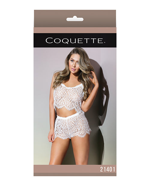 Classic Sheer Eyelash Lace Crop Cami & Short - White - O/S
