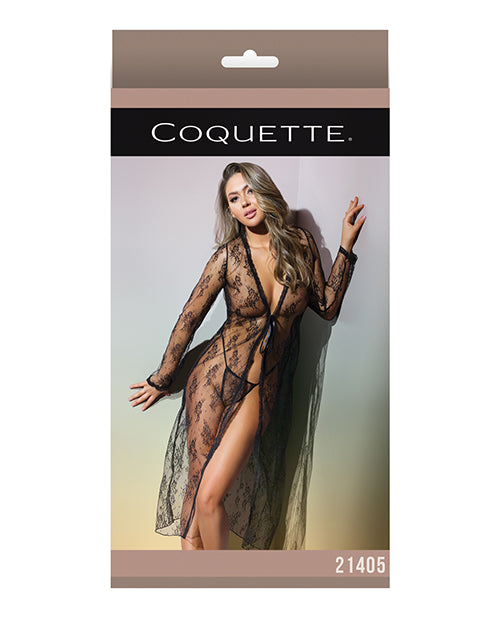 Classic Sheer Lace Robe & G-String - Black - O/S