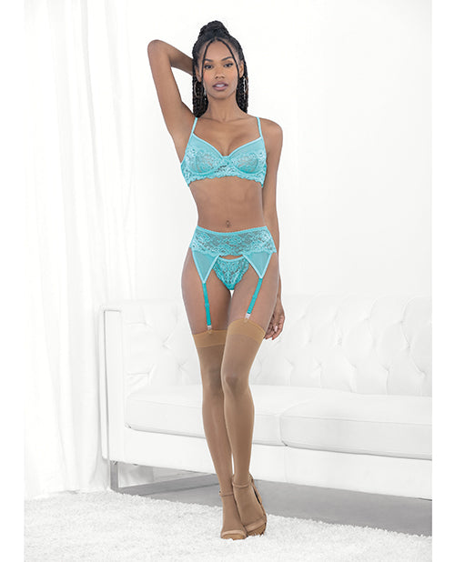 Lace & Mesh Underwire Bra, Garterbelt & G-String Malibu Blue MD - Empower Pleasure
