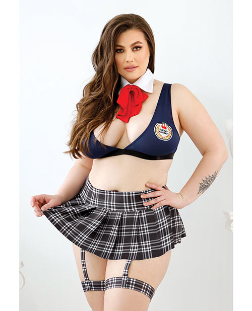 Play Learning Curves Bowtie, Top, Gartered Skirt, G-String Blue 1X/2X - Empower Pleasure