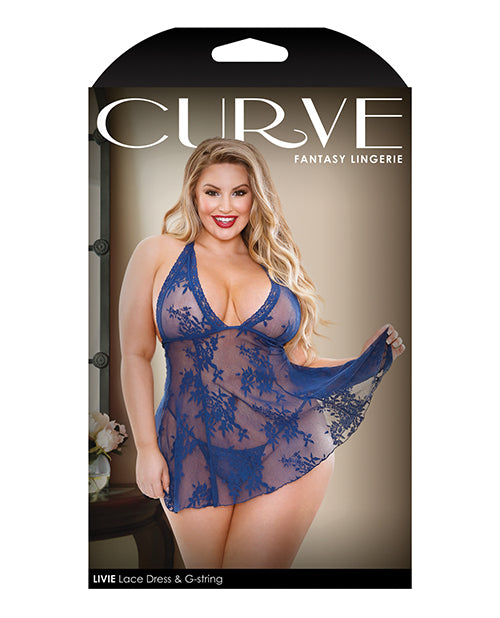 Curve Livie Lace Chemise & G-String - Navy