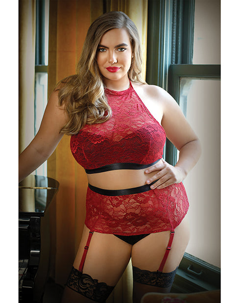 Curve Aria Lace Halter Top & High Waist Panty - Red - Empower Pleasure