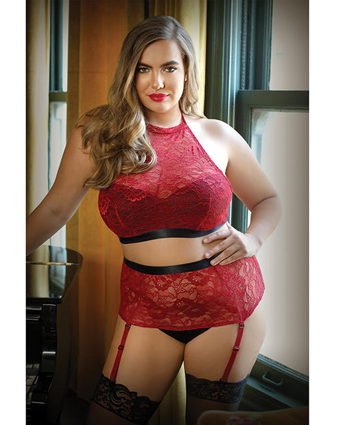 Curve Aria Lace Halter Top & High Waist Panty - Red