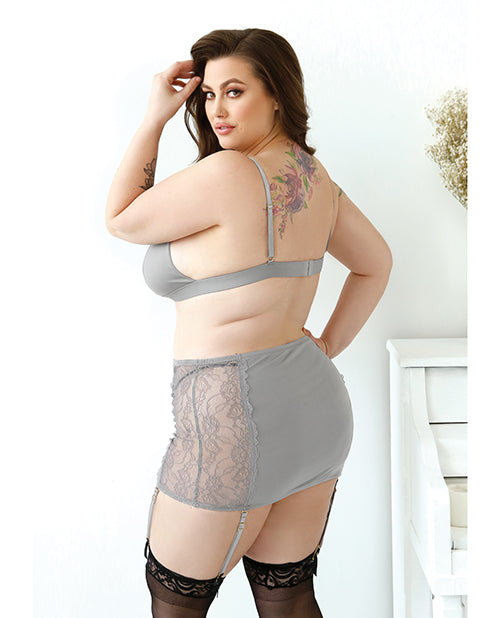 Curve Layne Lace & Microfiber Bralette with Garter Skirt & G-String - Gray - Empower Pleasure