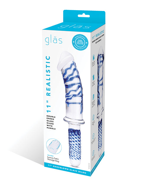 Glas 11" Realistic Double Ended Glass Dildo with Handle - Blue