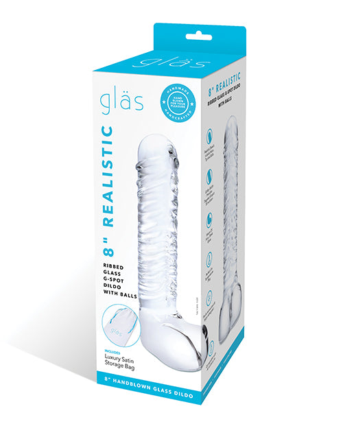 Glas 8" Realistic Ribbed Glass G-Spot Dildo with Balls - Clear - Empower Pleasure