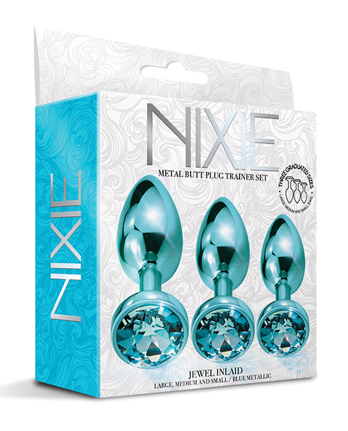 Nixie Metal Butt Plug Trainer Set w/Inlaid Jewel - Blue Metallic - Empower Pleasure