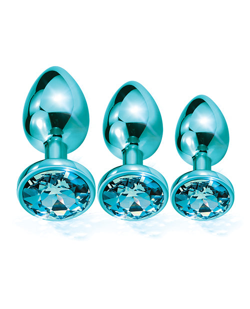 Nixie Metal Butt Plug Trainer Set w/Inlaid Jewel - Blue Metallic - Empower Pleasure