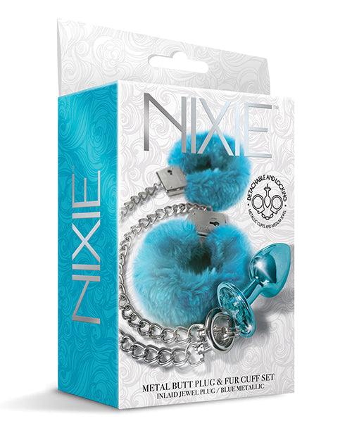 Nixie Metal Butt Plug w/Inlaid Jewel & Fur Cuff Set - Blue Metallic - Empower Pleasure