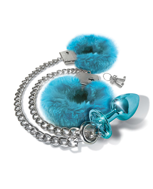 Nixie Metal Butt Plug w/Inlaid Jewel & Fur Cuff Set - Blue Metallic - Empower Pleasure
