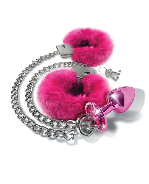 Nixie Metal Butt Plug w/Inlaid Jewel & Fur Cuff Set - Pink Metallic - Empower Pleasure