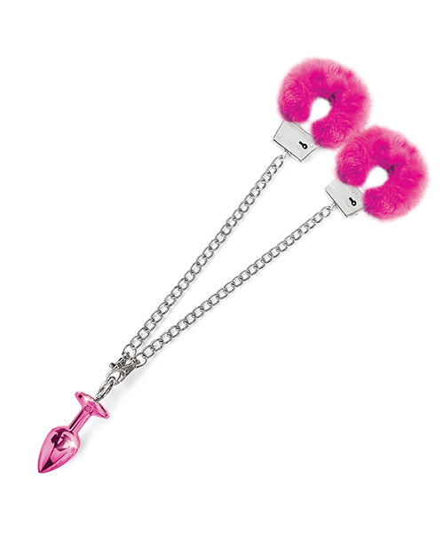 Nixie Metal Butt Plug w/Inlaid Jewel & Fur Cuff Set - Pink Metallic - Empower Pleasure