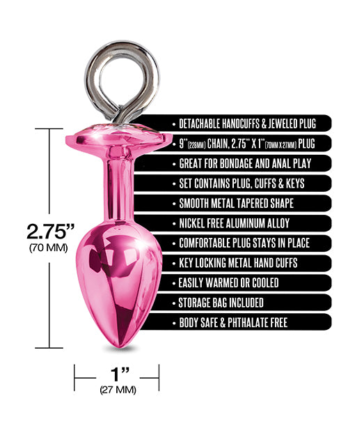 Nixie Metal Butt Plug w/Inlaid Jewel & Fur Cuff Set - Pink Metallic - Empower Pleasure