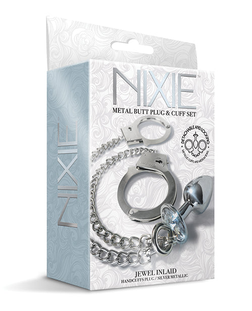 Nixie Metal Butt Plug w/Inlaid Jewel & Cuff Set - Silver Metallic - Empower Pleasure