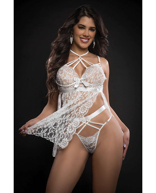 Lace Halter Babydoll w/High Waist Strappy Panty White O/S - Empower Pleasure