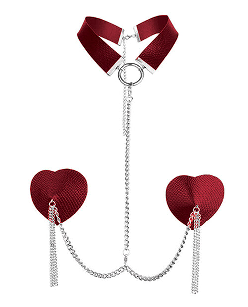 Nipplicious Dominatrix Leather Collar & Pasties w/Chain - Red - Empower Pleasure