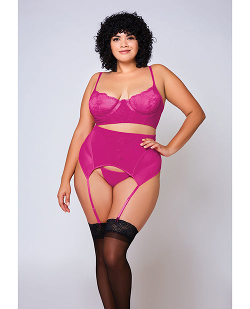 Soft Lace Bra, High Waist Satin & Mesh Garterbelt & G-String Fuchsia 2X