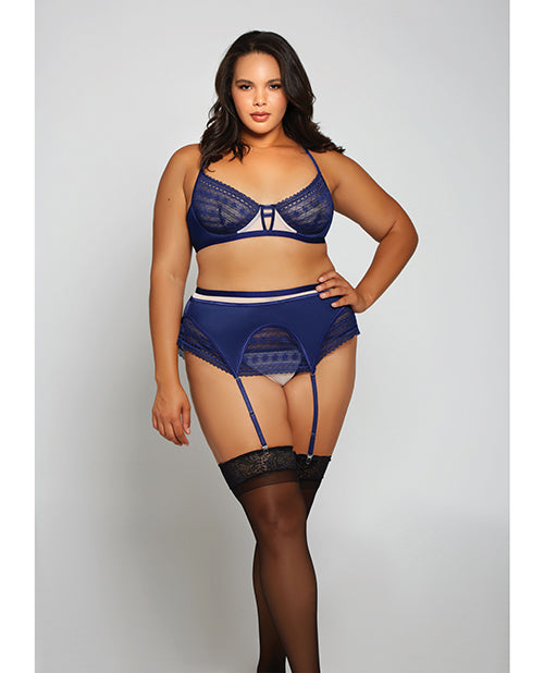Geometric Lace w/Matte Microfiber Bra, Garter Belt & G-String Navy/Beige 2X - Empower Pleasure