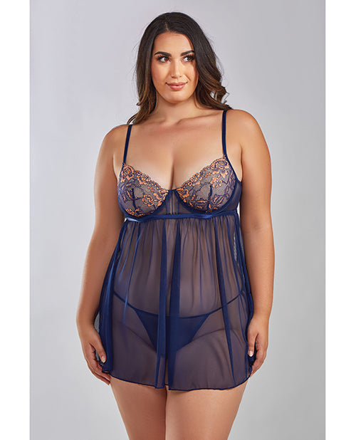 Jennie Cross Dyed Galloon Lace & Mesh Babydoll Navy 1X - Empower Pleasure