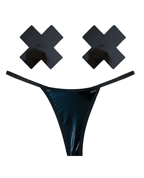 Neva Nude Naughty Knix Dom Squad Wet Vinyl G-String & Pasties - Black O/S - Empower Pleasure