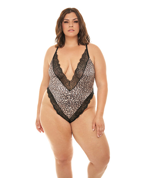 Jolene Satin Teddy w/Plunging Neckline Leopard/Black 3X/4X - Empower Pleasure