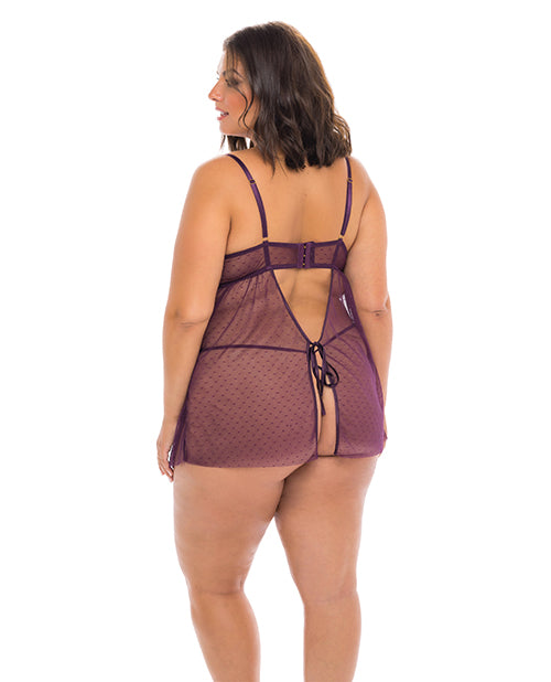 Eve Lace & Pin dot Mesh Babydoll with G-String Italian Plum 1X