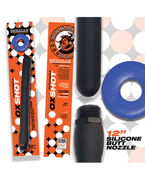 Oxballs Oxshot 12" Silicone Butt Nozzle w/Flex Cockring - Black/Blue - Empower Pleasure