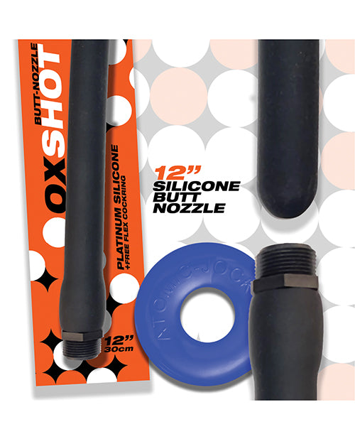 Oxballs Oxshot 12" Silicone Butt Nozzle w/Flex Cockring - Black/Blue - Empower Pleasure