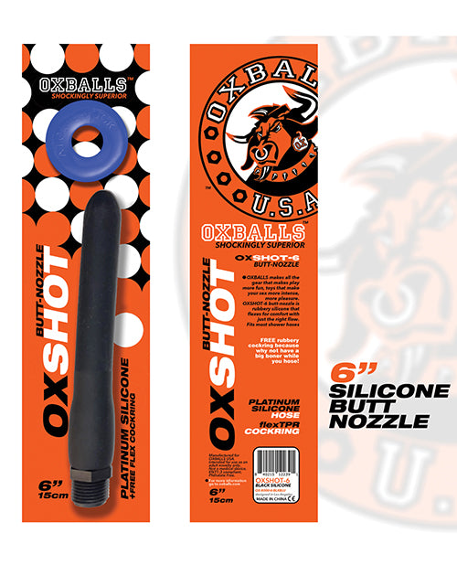Oxballs Oxshot 6" Silicone Butt Nozzle w/Flex Cockring - Black/Blue - Empower Pleasure