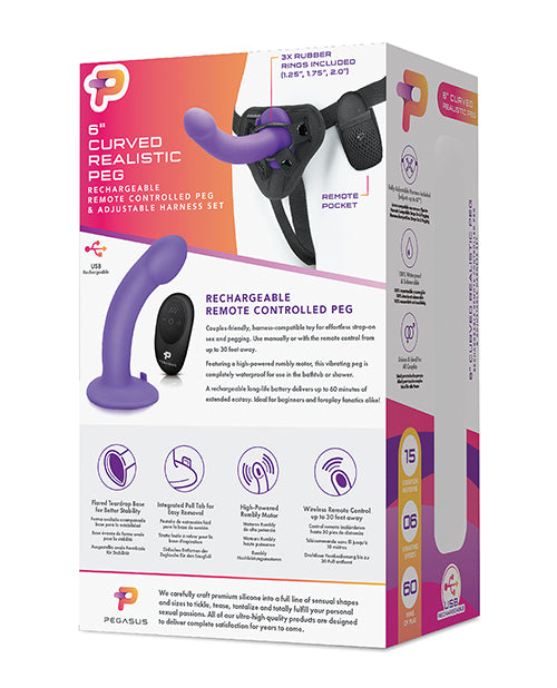 Pegasus 6" Rechargeable Curved Peg w/Adjustable Harness & Remote Set - Purple - Empower Pleasure
