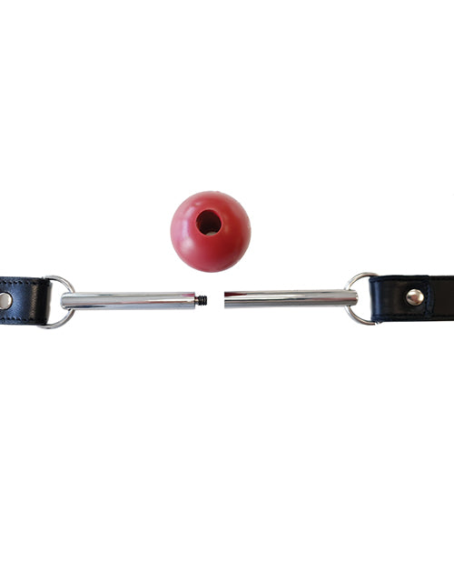 Rouge Leather Ball Gag with Stainless Steel Rod and Removable Ball - Black with Red - Empower Pleasure