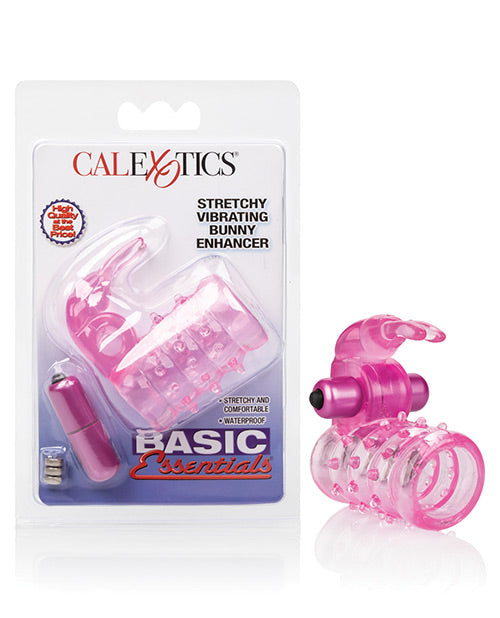 Basic Essentials Stretchy Vibrating Bunny Enhancer - Pink - Empower Pleasure
