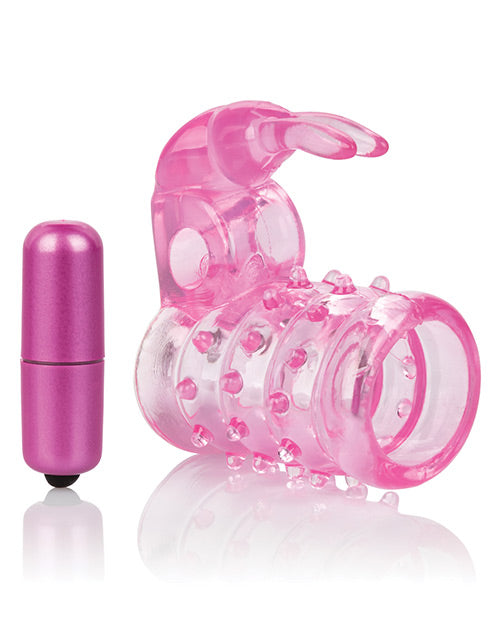 Basic Essentials Stretchy Vibrating Bunny Enhancer - Pink - Empower Pleasure