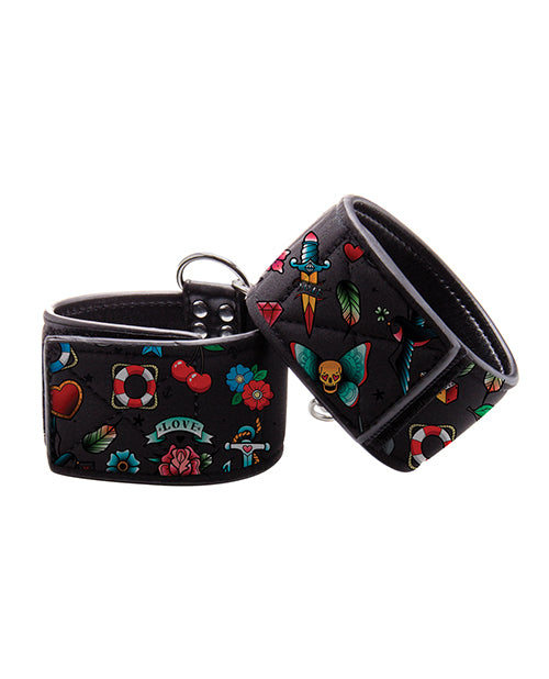 Shots Ouch Old School Tattoo Style Printed Hand Cuffs- Black - Empower Pleasure