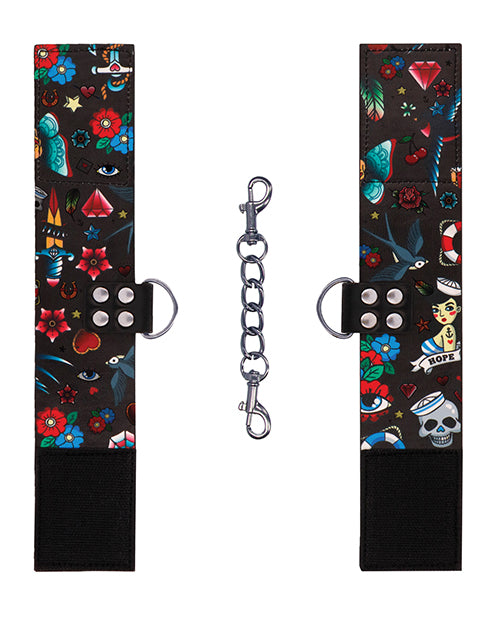 Shots Ouch Old School Tattoo Style Printed Ankle Cuffs- Black - Empower Pleasure