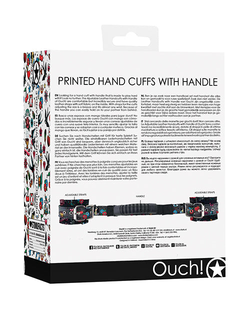 Shots Ouch Old School Tattoo Style Printed Handcuffs w/Handle - Black - Empower Pleasure