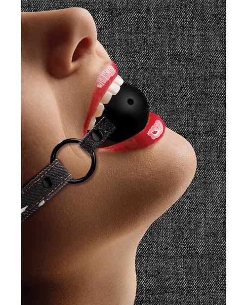 Shots Ouch Breathable Ball Gag w/Denim Straps - Black - Empower Pleasure