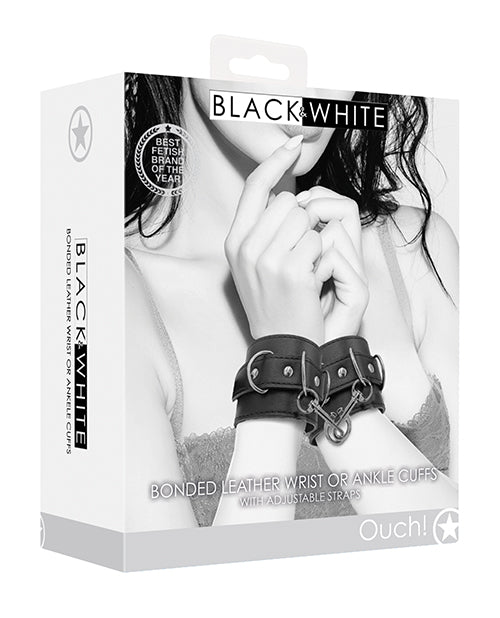 Shots Ouch Black & White Bonded Leather Hand/Ankle Cuffs - Black - Empower Pleasure