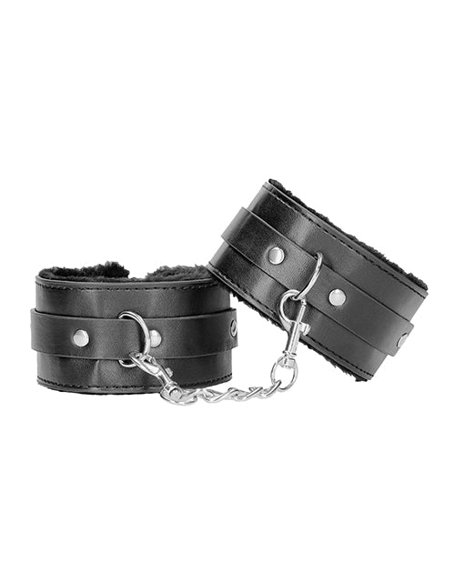 Shots Ouch Black & White Plush Bonded Leather Ankle Cuffs - Black - Empower Pleasure