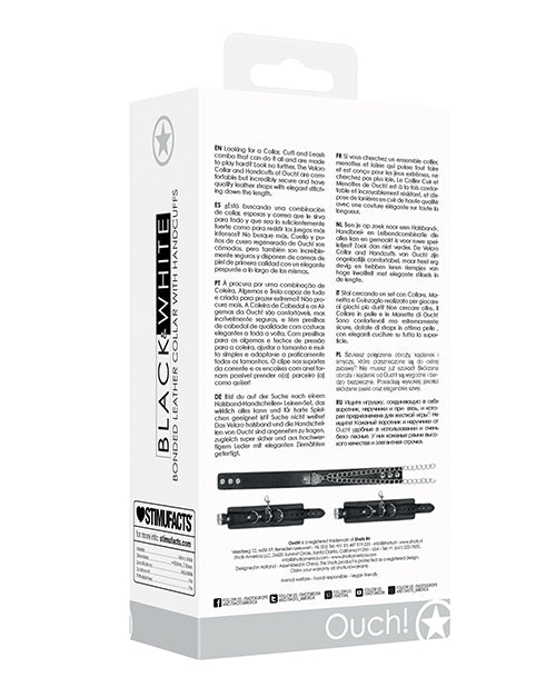 Shots Ouch Black & White Bonded Leather Collar w/Hand Cuffs - Black - Empower Pleasure