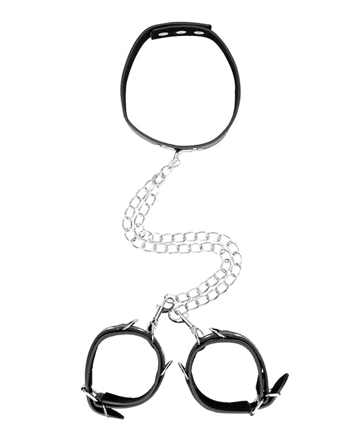 Shots Ouch Black & White Bonded Leather Collar w/Hand Cuffs - Black - Empower Pleasure