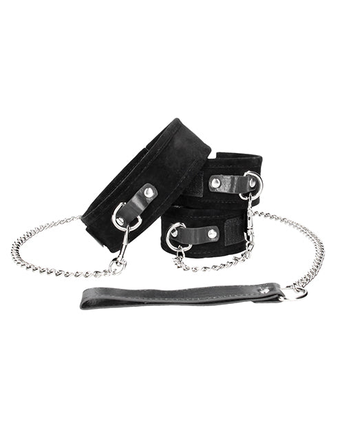Shots Ouch Black & White Velcro Collar w/Leash & Hand Cuffs - Black - Empower Pleasure