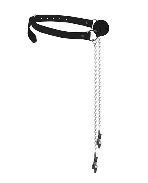 Shots Ouch Black & White Breathable Ball Gag w/Nipple Clamps - Black - Empower Pleasure